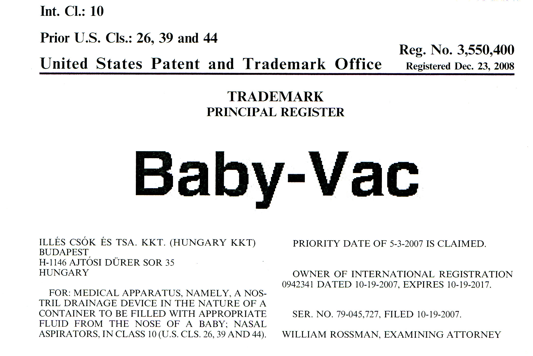Baby-Vac Owner - Trademark Baby-Vac